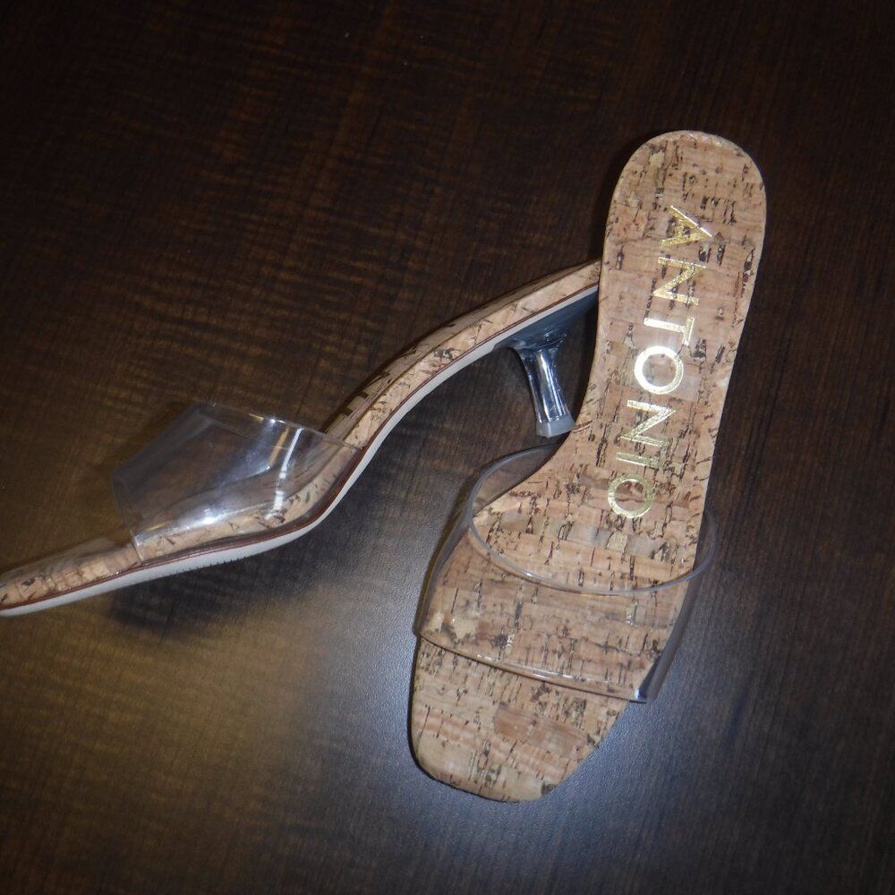 ANTONIO MELANI Cork Slip-On Heels with Clear PVC Straps. Never worn